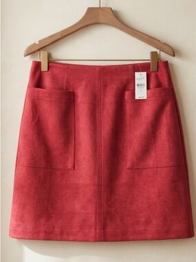 LOFT Coral-Red Suede-Look A-Line Mini Skirt with Front Pockets